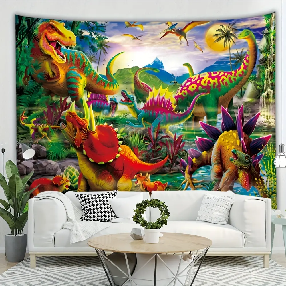 1 Sheet, Black Light Fluorescent Dinosaur Tapestry, Aesthetic Rainforest Design with Trees, Moon and Mountains, Room Decor Wall Hanging for Living Room Bedroom Dormitory Room Home Decor, Comes with Free Installation Package Rod Wave