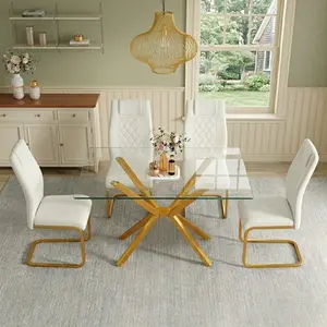 47.24" Clear Tempered Glass Dining Table – Modern Gold Metal Legs, Space-Saving Rectangular Kitchen Table for Small Apartment, Easy Clean, Gold
