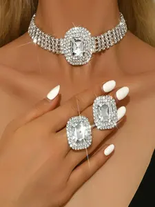 Women's Crystal Rhinestone Choker Necklace & Earrings Set, Silver Color Cushion Cut Halo Design, Adjustable Size for Weddings Parties Gifts