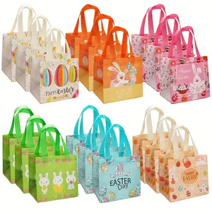 18pcs Reusable Easter Basket & Gift Bags, 6 Bunny Egg Designs, Non-Woven Totes for Easter Egg Hunt, Washable Party Favor Bags for Spring