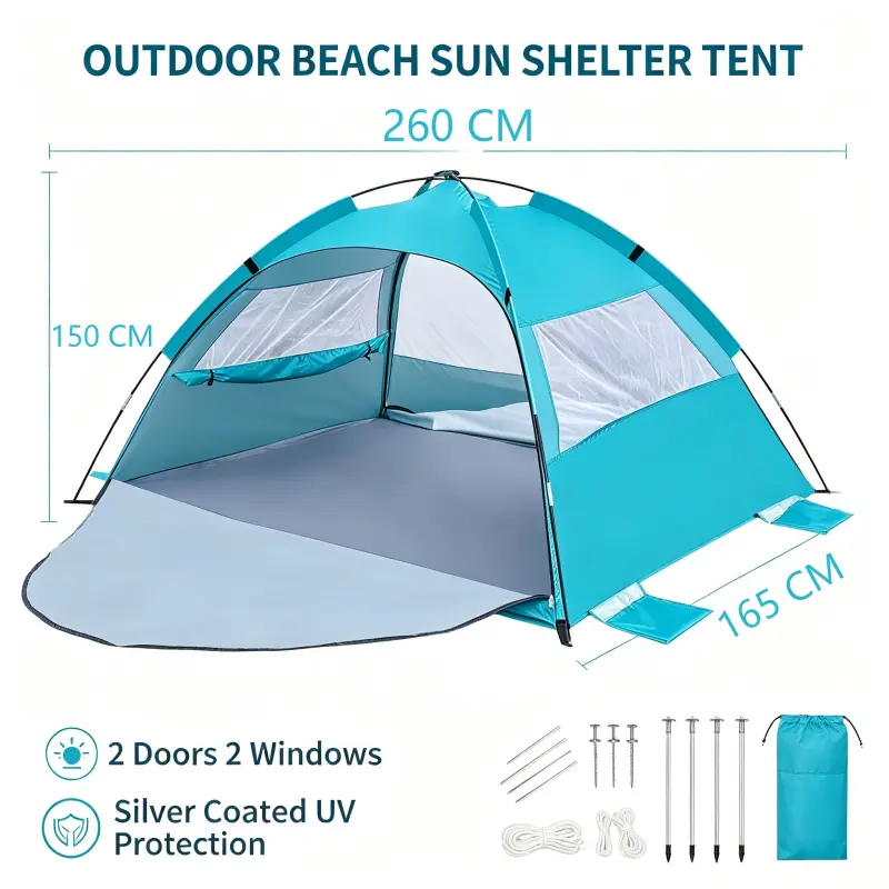 Quick Pop Up Beach Tent Sun Shelter, Silver Coated UV Protection Portable Outdoor Shade Tent with 2 Doors & Mesh Windows, Waterproof Windproof Beach Canopy for Fishing Picnic Camping Poolside Backyard camp gear
