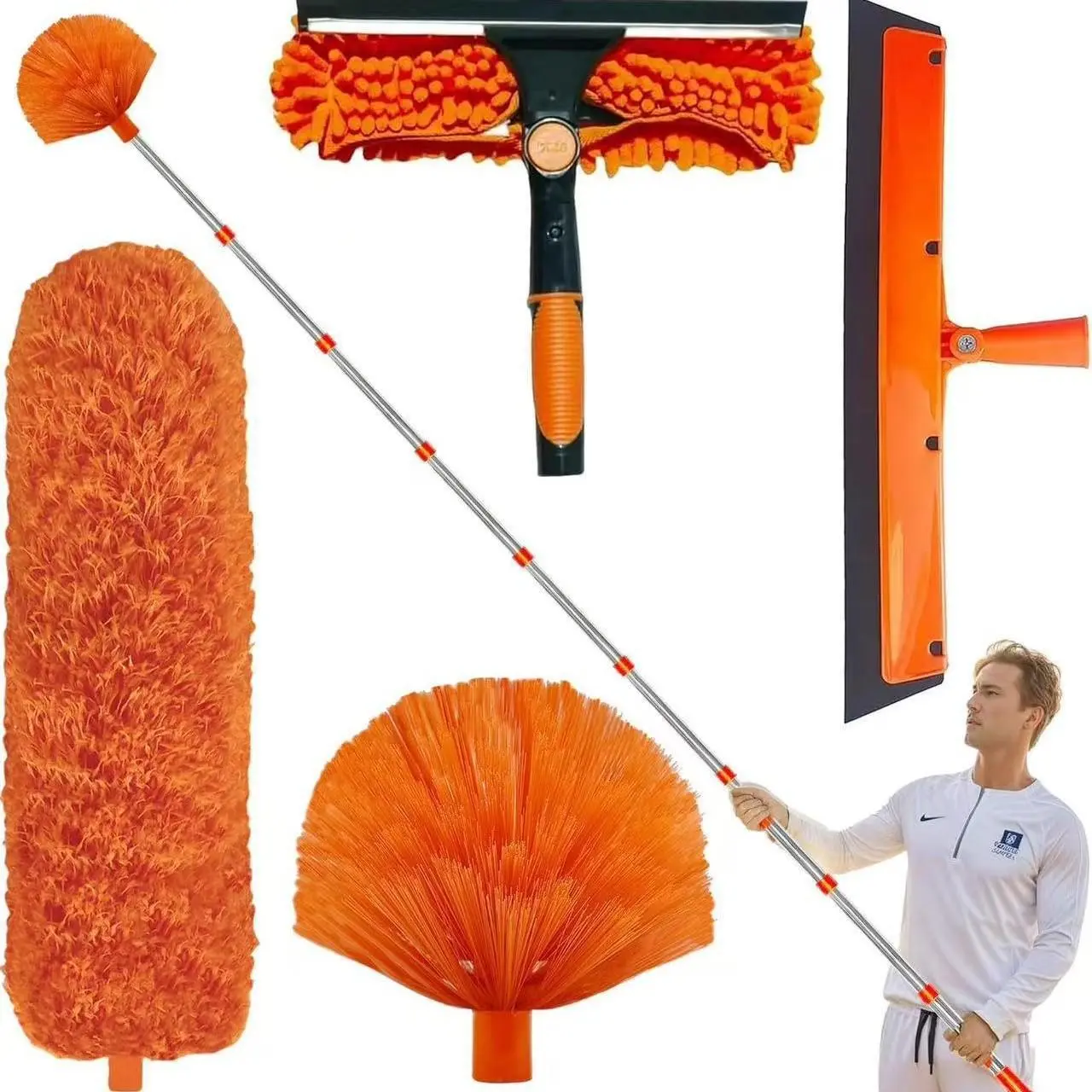 5pcs/set 6m High Reach Duster Kit - Microfiber Duster With 168inch Extension Pole Kit for High Ceilings, Reusable & Washable Lightweight Ceiling Fan Nets, Blinds | Window Washer & Squeegee Home Cleaning Products Cleaning Supply