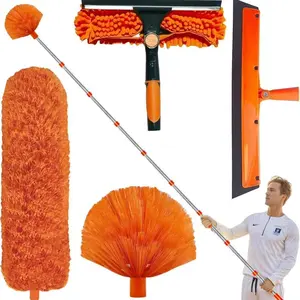 5pcs/set 6m High Reach Duster Kit - Microfiber Duster With 168inch Extension Pole Kit for High Ceilings, Reusable & Washable Lightweight Ceiling Fan Nets, Blinds | Window Washer & Squeegee