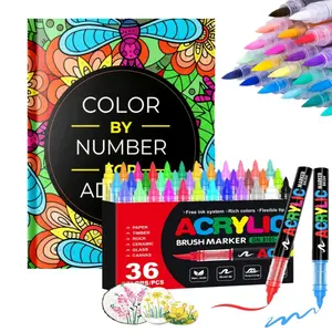 Acrylic Paint Marker Pen- 36 Color  Marker Pen Set（with Book）, Artist Fine Brush Tip Marker for Kids Adult Coloring Books Note Taking, Card Writing, Ston Graffiti, DIY Crafts, Drawing Art Supplies Kit and School Essentials, Professional Art Pen Set