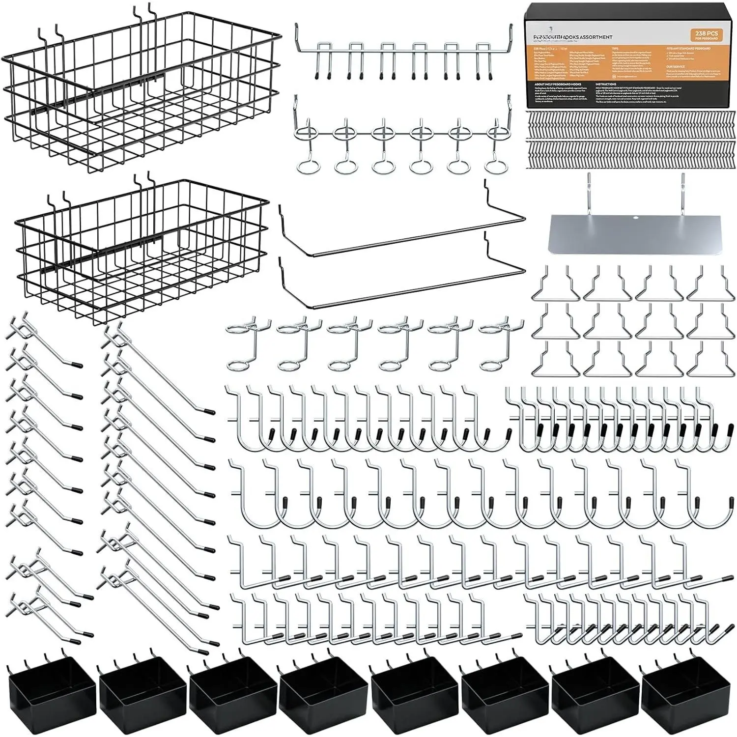 Pegboard Accessories Organizer Kit - 238 Count Peg Board Hooks, Baskets, Paper Towel Holder for 1/8 and 1/4 Inch Pegboard Tools, Garage Wall Storage