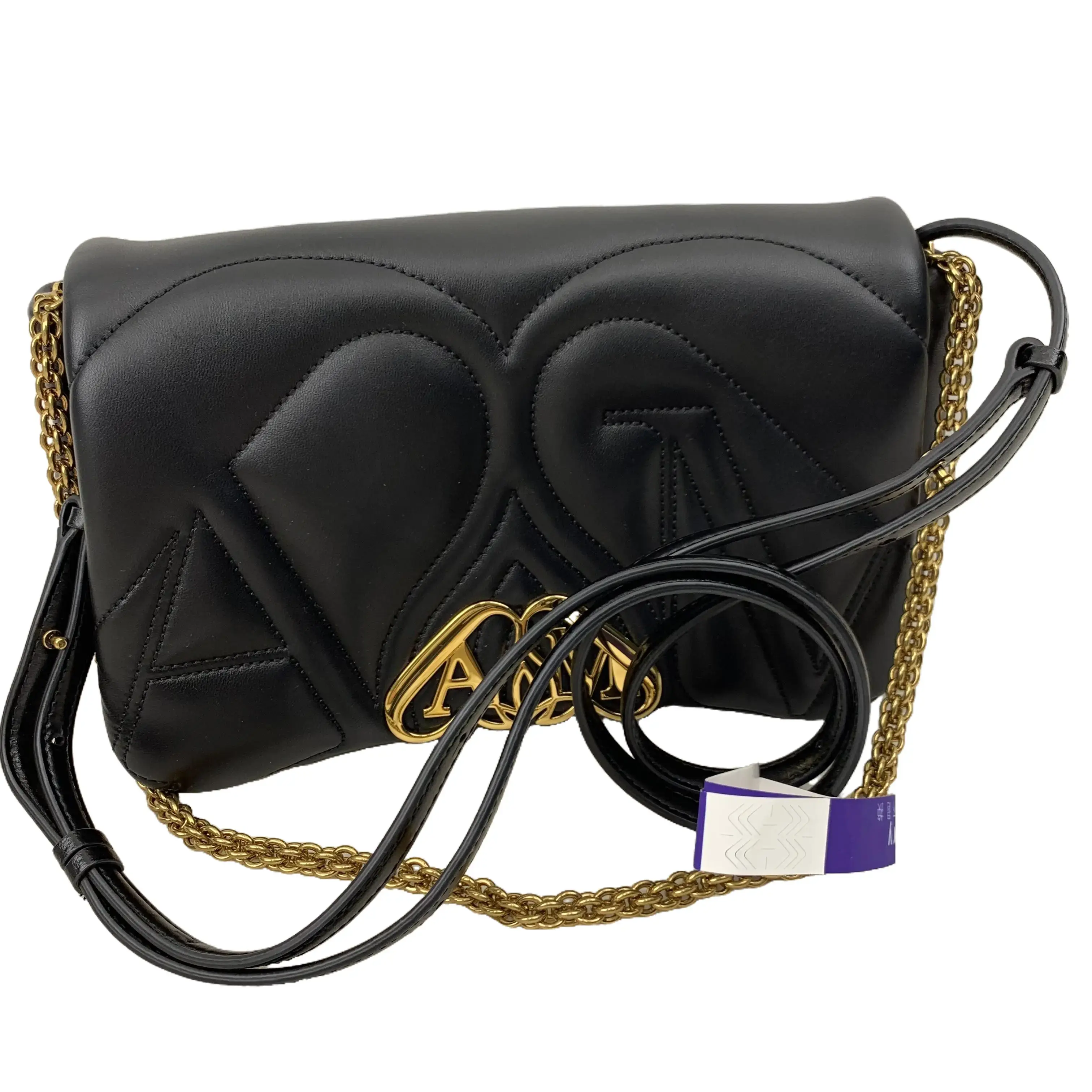 Pre-owned Alexander McQueen Black Quilted Lambskin Leather Crossbody Shoulder Bag with Gold Seal Logo Hardware, Oversized Design, Dual Carry System, TKB00000264