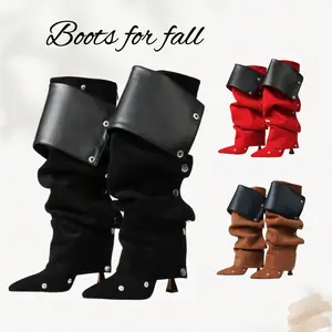 Women's Stiletto High Heels Boots Knee High Suede Boots Pointed Toe Boots for Fall Wide Calf Ruched Slouchy Boots Girls Footwear