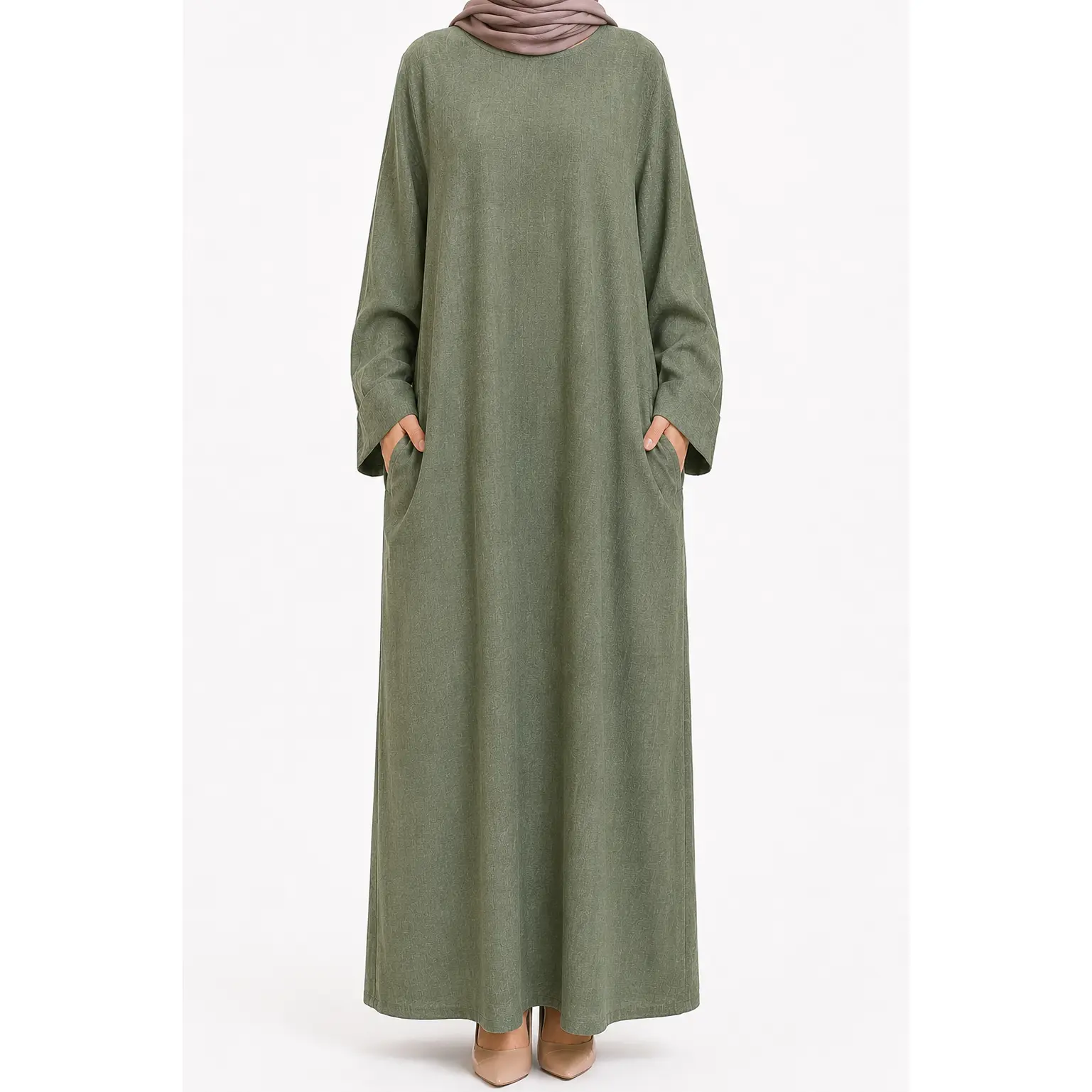 Sage Green Long Sleeve Linen Maxi Dress with Pockets