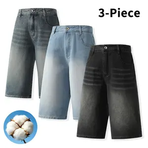 3-piece set of multi-color vintage washed wide-leg knee-length denim shorts made from cotton fabric; loose draping design, high-waisted relaxed fit, streetwear style. Suitable for summer daily wear, strolling, skateboarding, beach trips, and outings. Fash