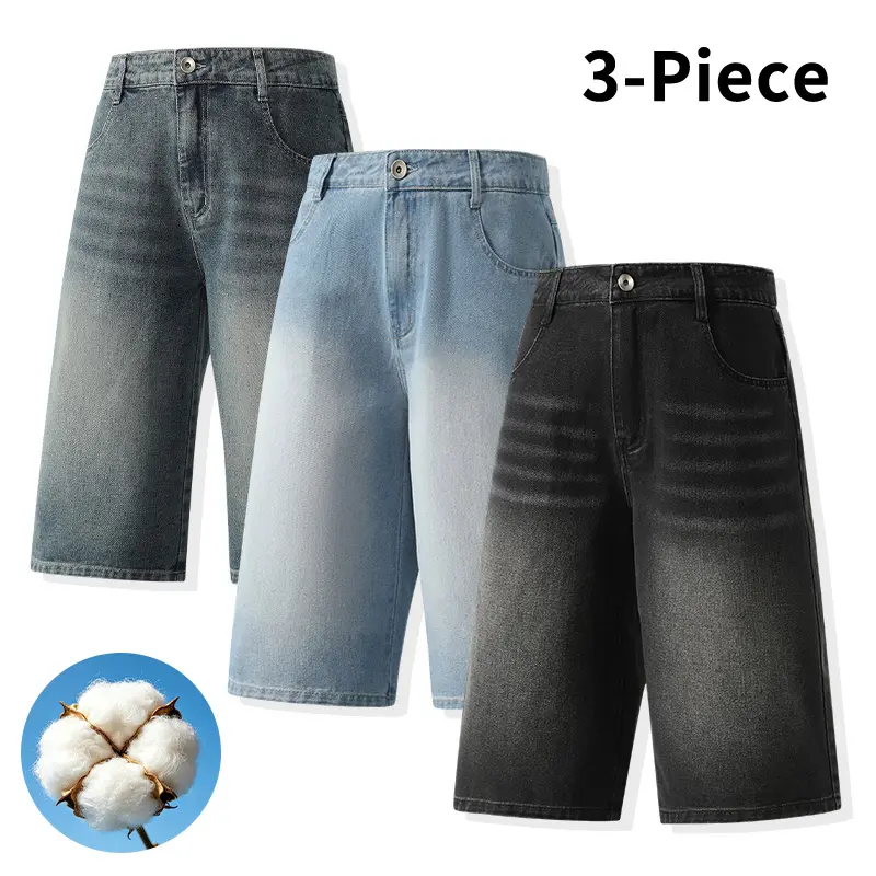 3-piece set of multi-color vintage washed wide-leg knee-length denim shorts made from cotton fabric; loose draping design, high-waisted relaxed fit, streetwear style. Suitable for summer daily wear, strolling, skateboarding, beach trips, and outings. Fash