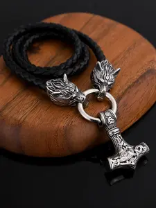 Vintage Viking Hammer Wolf Design Pendant Necklace, Punk Jewelry for Party, Daily Clothing Decor, Trendy Pu Leather Strap Adjustable Jewelry for Birthday Gift without Box, Jewellery Accessories