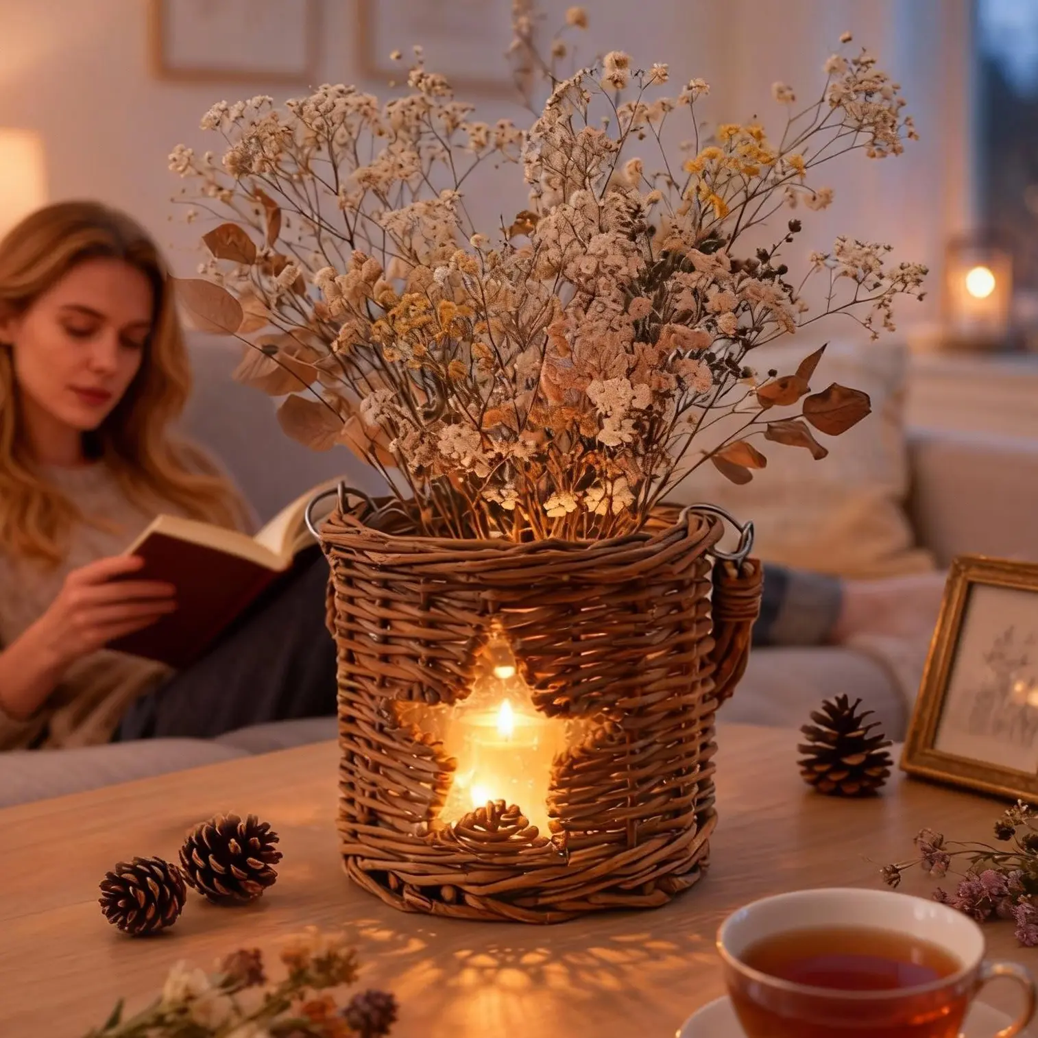 NONAM Handwoven Rattan Lantern with LED Flameless Candle – Soft Ambient Light for Cozy Night Routine, Bedroom Nightstand & Tabletop Decor, Rustic Farmhouse Boho Style