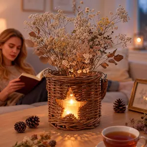 NONAM Handwoven Rattan Lantern with LED Flameless Candle – Soft Ambient Light for Cozy Night Routine, Bedroom Nightstand & Tabletop Decor, Rustic Farmhouse Boho Style