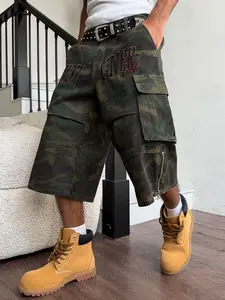 Men’s camouflage denim shorts (jorts): low rise, embroidered camo, multi pockets, long jean shorts, streetwear cargo jorts, below knee, relaxed fit, Y2K skater bermuda shorts, casual everyday wear, outdoor workwear