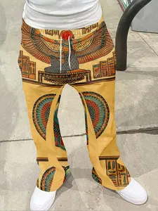 Men's Vintage Bell Bottom Pants, Indian Ethnic Print, Casual Sporty Fitted Long Pants, Comfortable Breathable Fabric, Trendy Streetwear