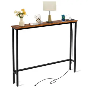 39.4" Narrow Console Table with Outlets & USB Ports - Skinny Sofa Table with Charging Station, Rustic Brown Metal Frame Couch Entryway Table for Living Room Hallway