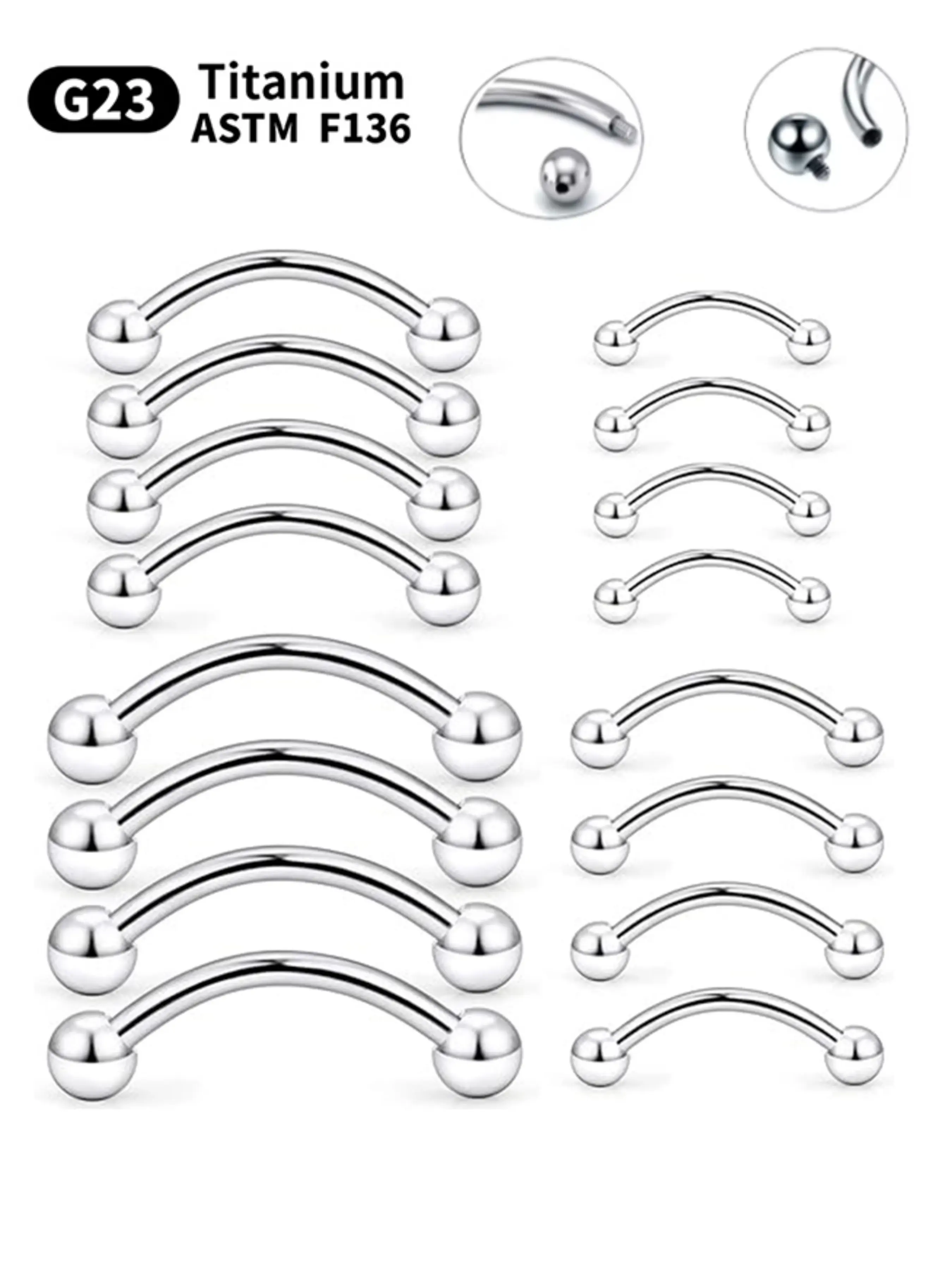 Titanium Piercing Curved Barbell Eyebrow Ring, Banana Piercing Internal & External Thread, Cartilage Rook Piercing Jewelry
