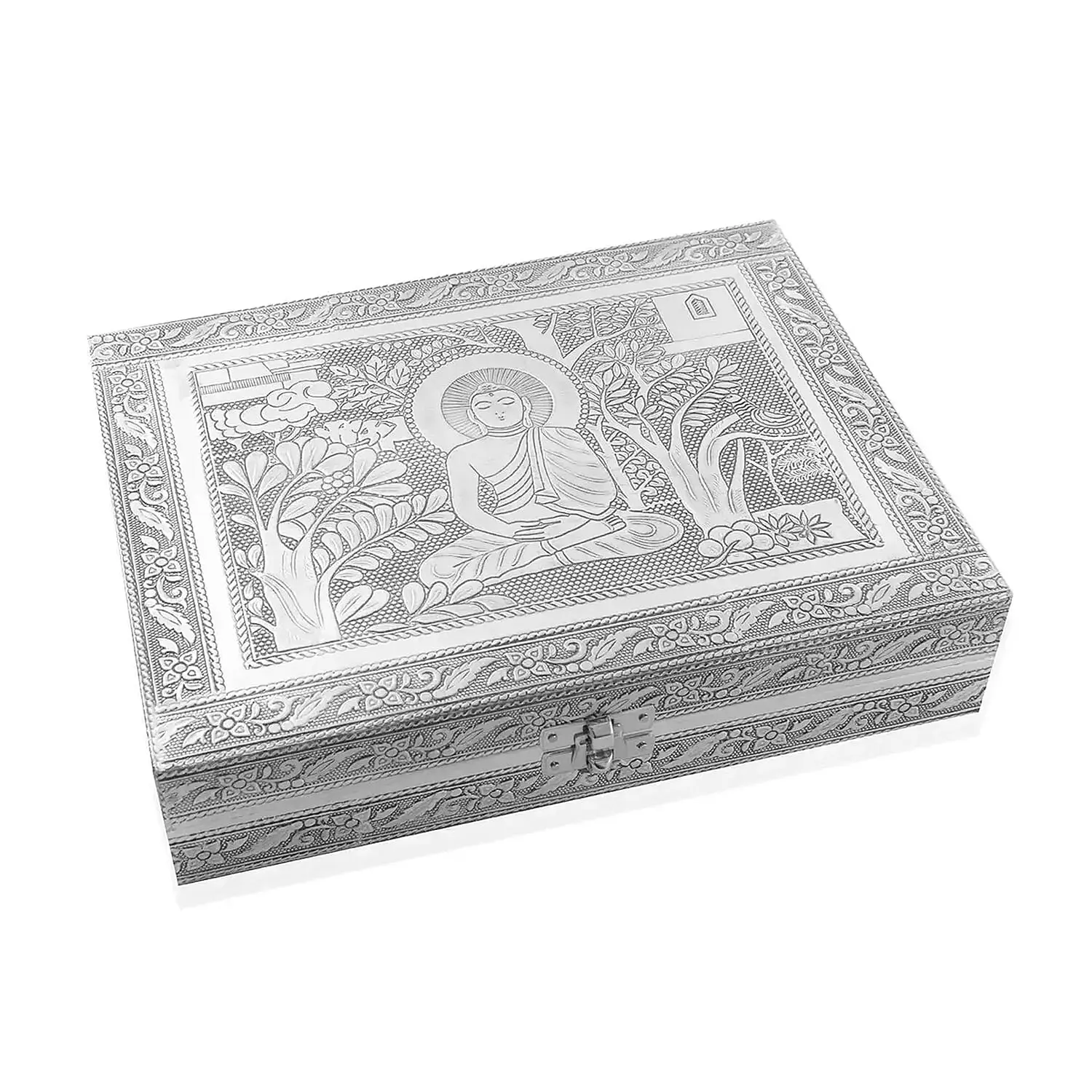 Handcrafted Buddha Embossed Aluminum Oxidized Jewelry Box with Anti-Tarnish & Scratch Protection Interior