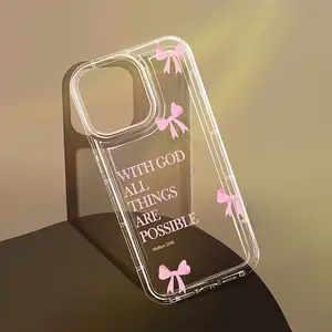 1pc Pink Minimalist Bowknot Slogan Pattern Airbag Anti-Slip Phone Case, Compatible With IPhone 11/12/13/14/15/16 Pro Max