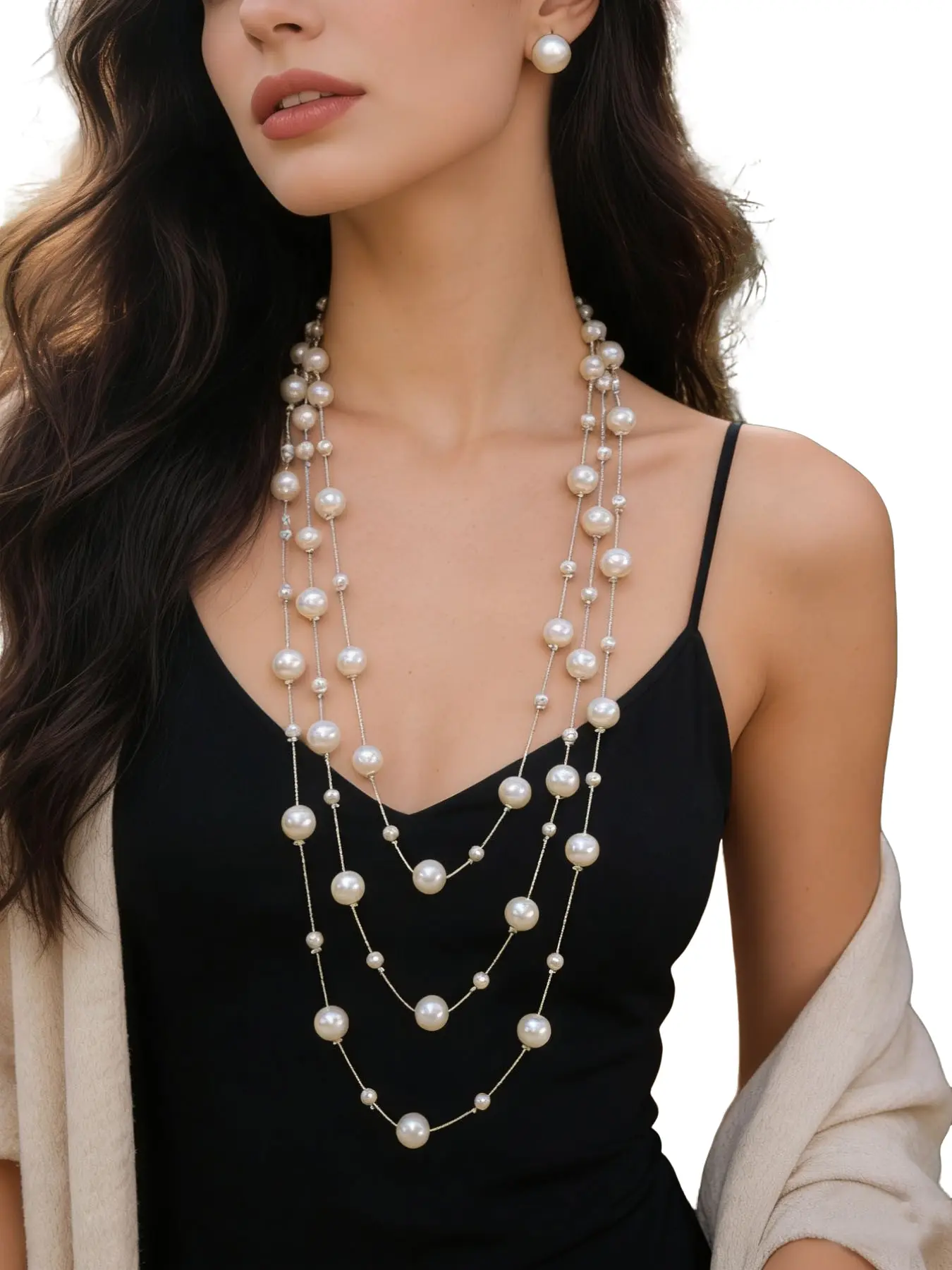 Multi-Layer Faux Pearl Necklace Set with Earrings, Necklaces Earrings Set, European Style Versatile Sweater Chain, French Vintage Bridal Jewelry, Fashionable Jewelry Set