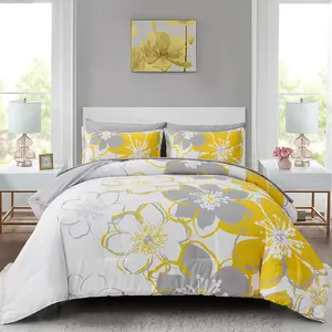 7 Pieces Yellow Floral Comforter Set Queen Size, Reversible Bed in a Bag with Sheets Set All Season, Soft Microfiber Flower Pattern Complete Duvet Bedding Set (Queen, 90"x90")