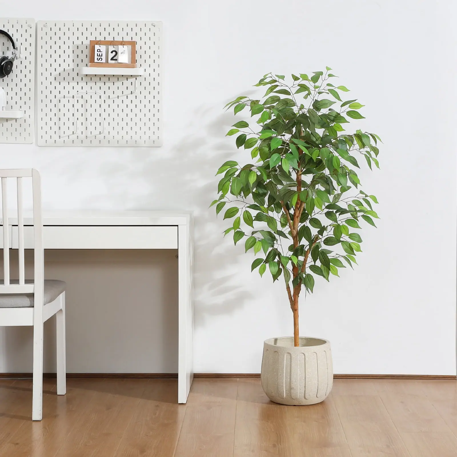 4-5-6-7 ft Artificial Ficus Tree with Natural Wood Trunk and Lifelike Leaves, Silk Fake Potted Tree with Wood Branches, Faux Tree for Office Home Decor