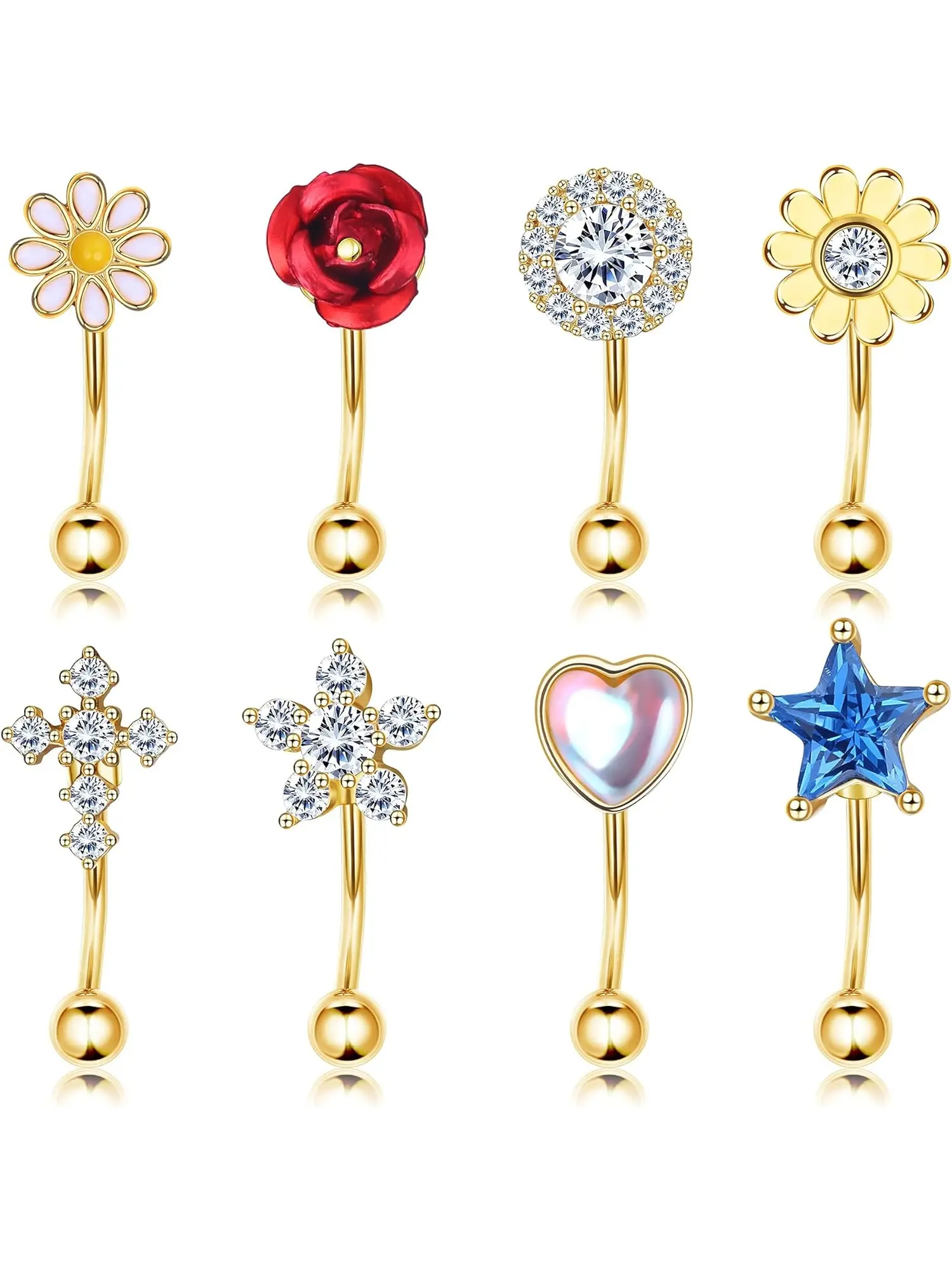 8Pcs Eyebrow Rings Rook Piercing Jewelry for Women Men 16G Surgical Steel CZ Curved Barbell Belly Ring Daith Earrings Tragus Helix Piercings Jewelry, Wearable Jewelry
