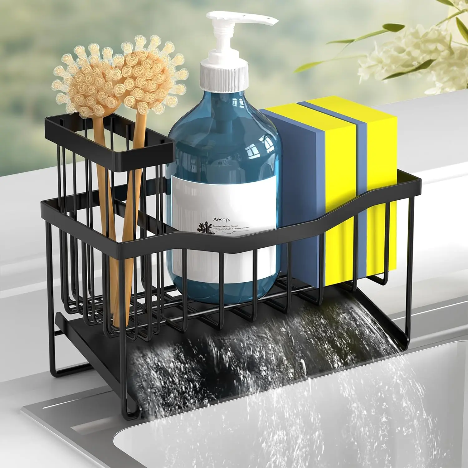 2-in-1 Stainless Steel Sink Organizer with Drain Tray – Rustproof Sponge & Brush Holder for Kitchen Counter - Automatic Rapid Drainage & Anti-Slip Design