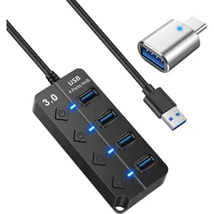 USB Hub 3.0, USB Splitter1 in 4 Out, USB Extender USB Adapter Multiple Port USB Station Dock Hub with Individual Switches, USB Expander Hub for Laptop/MacBook/Flash Drives/Mobile HDD/Printer