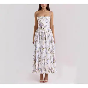 2026 Fairy Temperament Fashion High-end French Strap Gentle Style Dress Slimming Floral Strap Dress in White Floral Print A-line Skirt V-neck Sleeveless Spring 2025