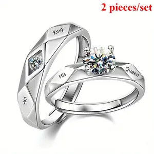Set Of Two Exquisite And Romantic Silver Plated Couple Rings With Shiny Synthetic Zirconia, Adjustable Ring For Couples