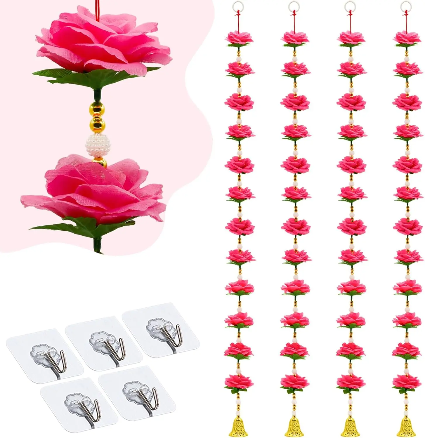 Hindu Wedding Hanging Garland Decoration - 4 Pack 3.2ft Artificial Flower Rose Garland with Adhesive Hooks for Indian Wedding Mandap Temple Mandir Diwali Party Pooja Backdrop Wall Door Hanging Decor