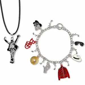 Michael Jackson Necklace & Charm Bracelet Set – Perfect Fan Gift for MJ Lovers, Dance Pose Pendant with Iconic Hat, Glove, Jacket Charms