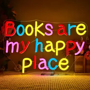 Books Are My Happy Place Neon Sign, USB Plug Powered LED Luminous Wall Hanging Neon Light, Decorative Light for Ambiance, Bookstore, Bedroom, Store, Coffee Shop