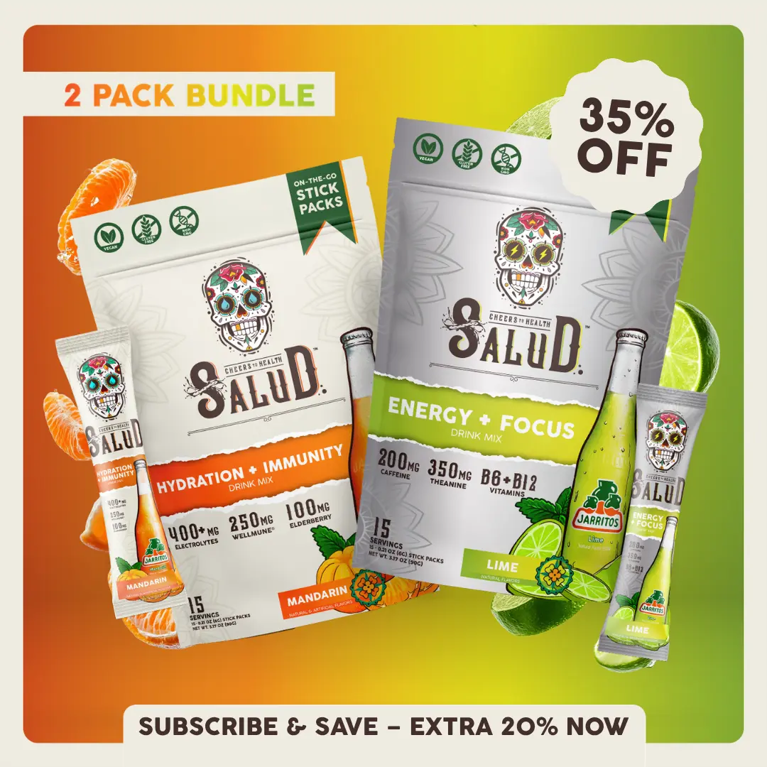Salud x Jarritos 2-in-1 [Best Seller Duo] Agua Fresca Drink Mix, Energy + Focus & Hydration + Immunity, Organic Caffeine, B6 & B12, Electrolytes, Elderberry, Non-GMO, Vegan (2-Pack, 30 Servings)