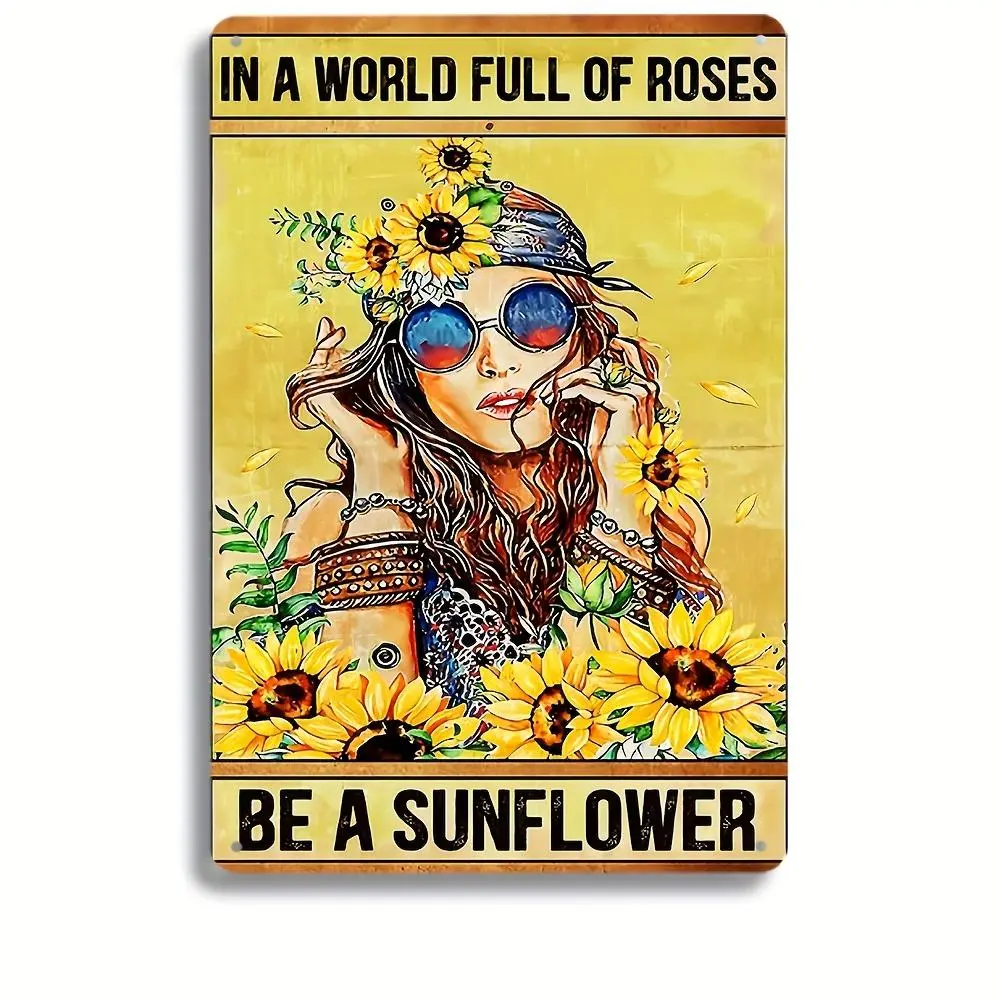 Vintage Retro Sunflower Metal Sign with Distressed Finish - Bohemian Motivational Quote Wall Decor, Sunshine Theme Home Plaque for Farmhouse, Balcony, Family Gift Idea, Birthday Present