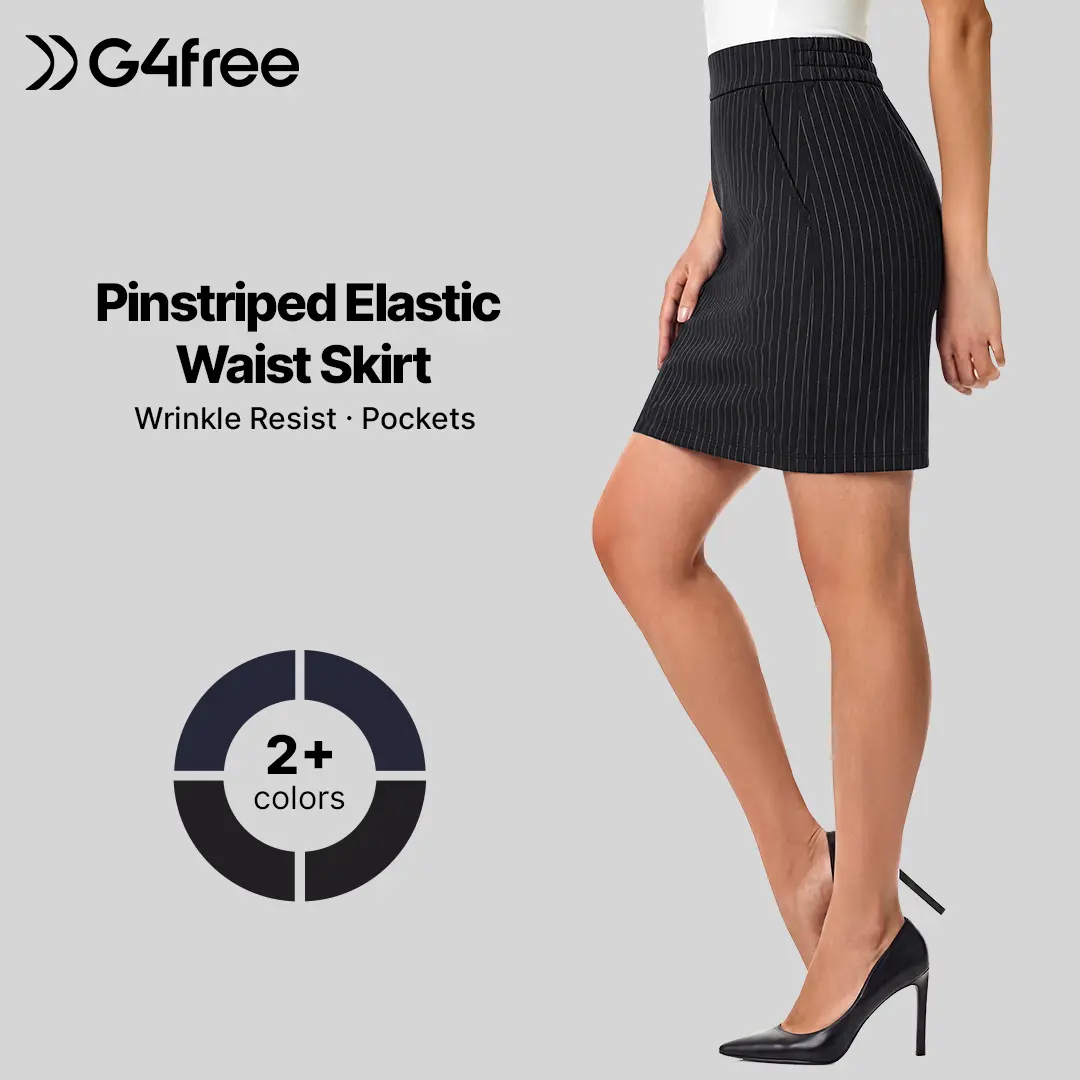 G4Free Women's ShiftReady Pinstriped Bodycon Skirt, 17" Elastic Waist Womenswear Bottom with 2 Pockets for Business Casual Dressy Occasions