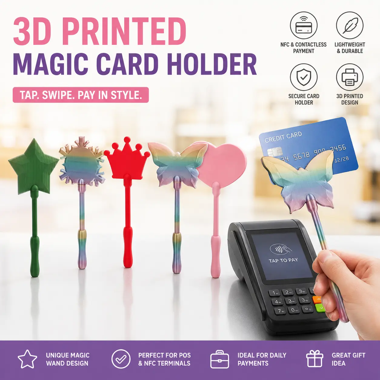 Tap To Pay 3D Printed Wand, 2026 Upgrade Extendable Star Magic Wands Contactless Payment Card Holder Wands, Tap-to-Pay Credit Card Wand