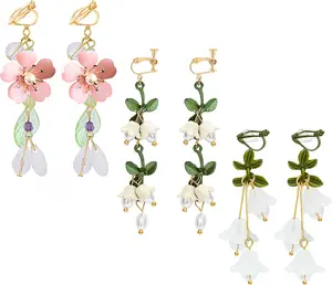 3 Pairs Flower Clip On Earrings for Women  Earring  Leaf Floral Tassel Earring Non Piercing Clip on Long Flower Dangle Earrings for Women