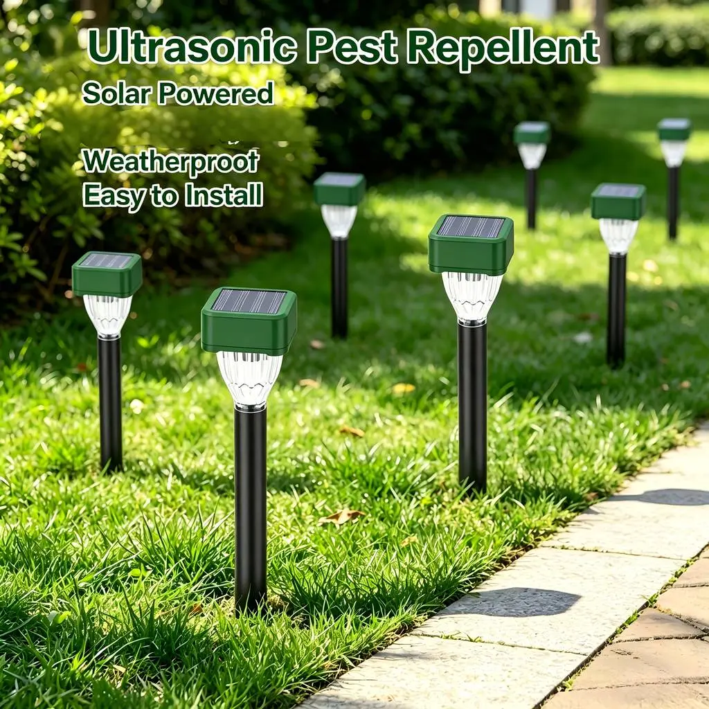 Solar-powered rodent repellent device, garden snake and skunk repeller, sonic technology deterrent posts, capable of repelling rabbits, voles, field mice, hamsters, deer, and ground squirrels, suitable for lawns and gardens