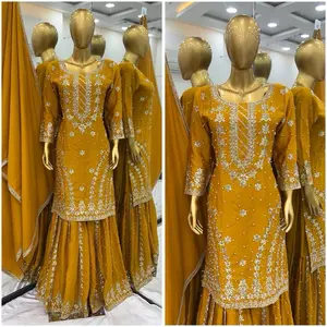 Sharara 3 Piece Ready Made Dress in Yellow with Floral Design, Long Sleeves, Casual Style for Women - Comfort, Womenswear, Summer