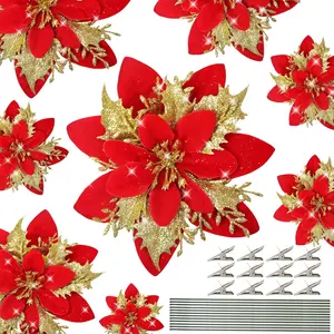 12 count Poinsettias Artificial Christmas  5.5"  Red Glitter Poinsettias Christmas Decorations Xmas Tree Ornaments with Clips and Sticks