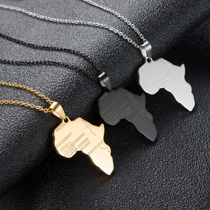 Africa Map Pendant Necklace with Engraved Capital Cities Stainless Steel Jewelry