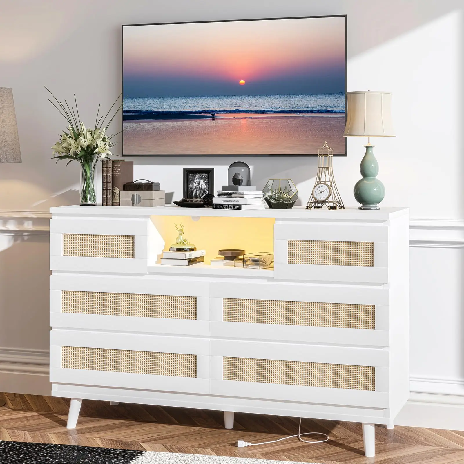 Modern Rattan 6 Drawer Dresser with LED Light & Charging Station – Sturdy Wooden Chest, Deep Drawers, Versatile Storage for Bedroom, Nursery, Living Room, Closet