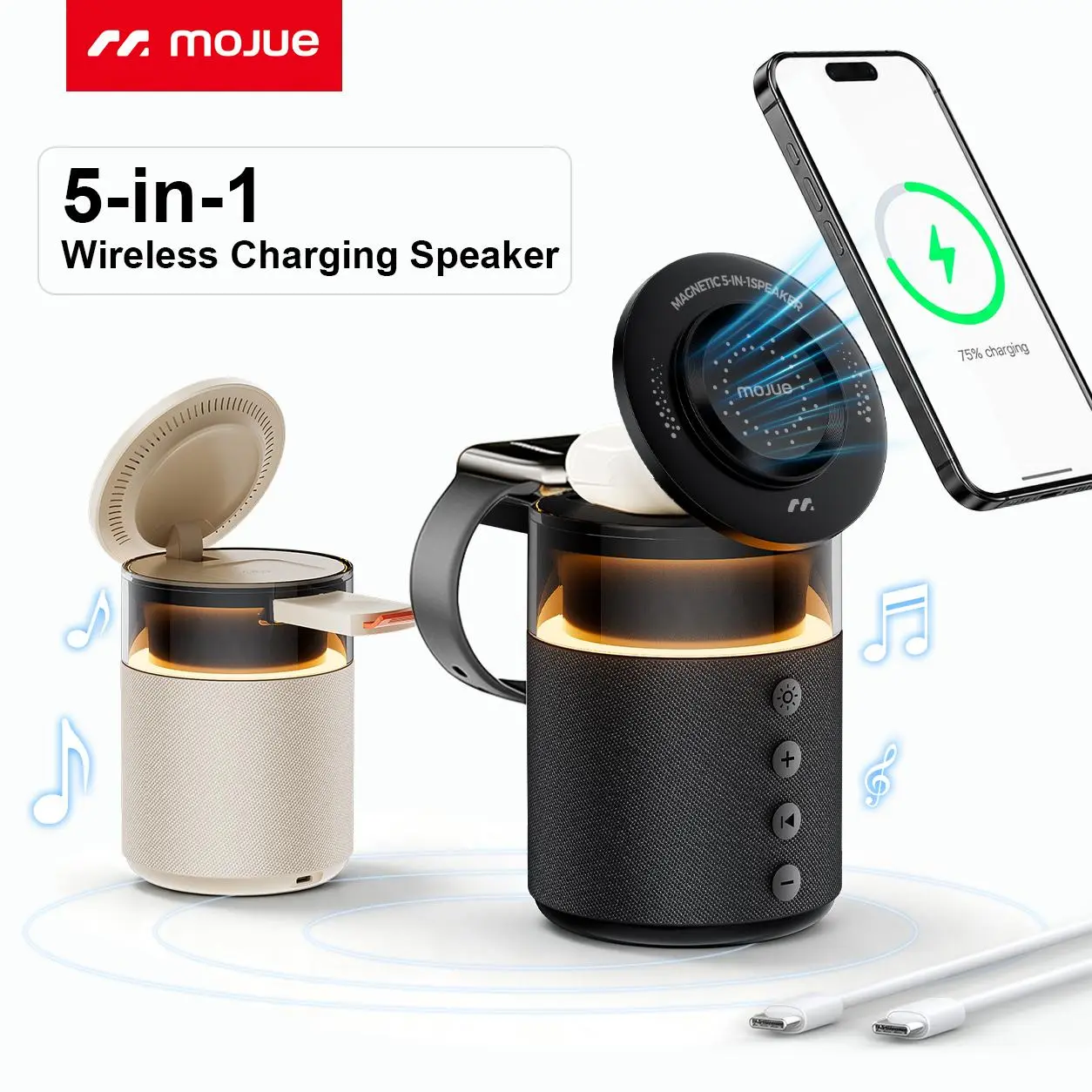 MOJUE 5-in-1 Magnetic Wireless Charging Station for Apple Device, Portable Bluetooth Speaker with Adjustable Night Light, Qi2 Certified 15W Fast Charger Stand for iPhone 17/16/15/14/13 Pro Max, Apple Watch,Samsung Watch, AirPods#Back To School