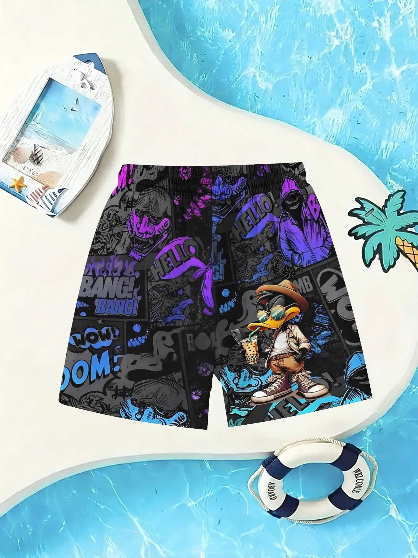 Boys' Cartoon Duck Milk Tea Printed Beach Shorts, Quick-Dry Summer Swim Trunks, Fitted Short Pants for All Seasons, Youth Swim Trunks, Summer Swimwear