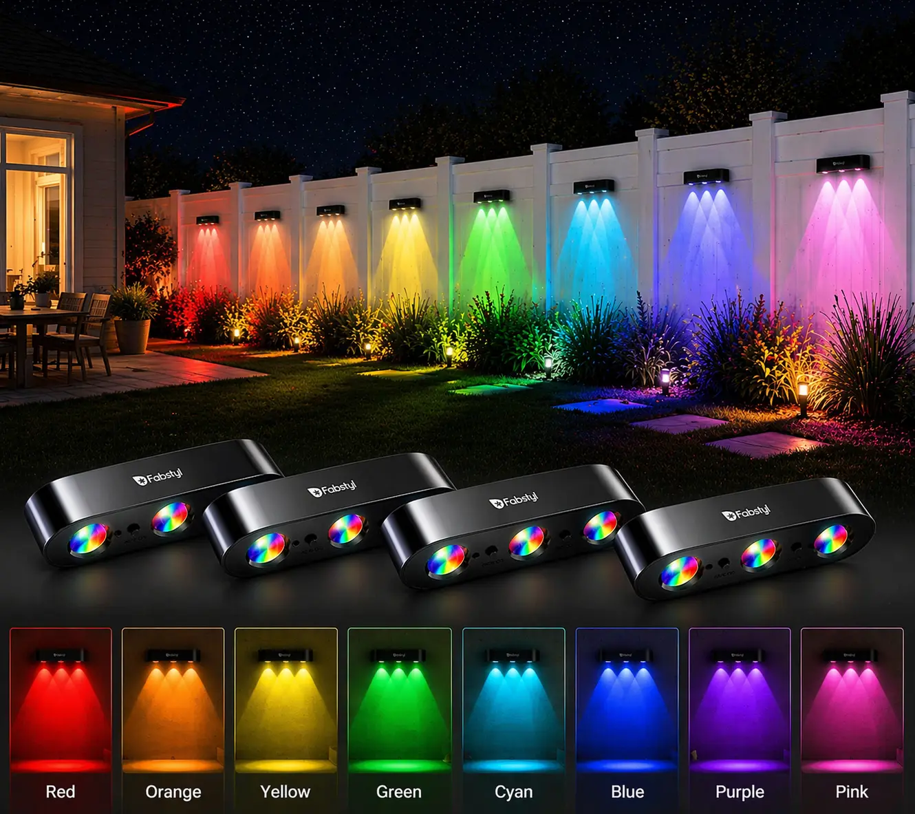 FabStyl Solar Fence Lights – Synchronized Color-Changing RGB+Warm White, 10 Modes, IP65 Waterproof, 4-Pack For Yard, Step, Patio & Fence