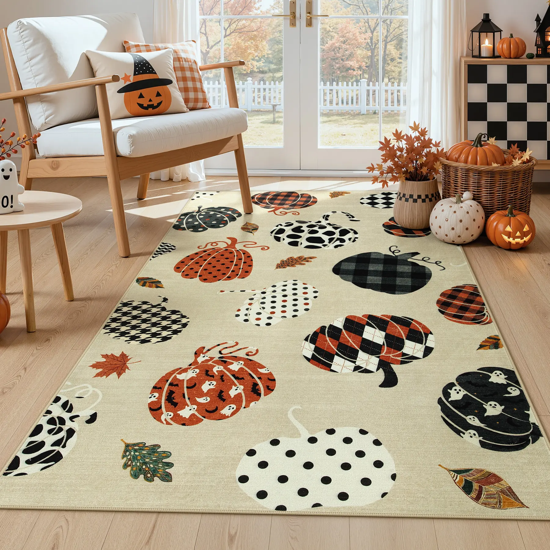 Tribesigns 2x6 Beige Halloween Fall Pumpkin Print Hallway Runner Rug for Kitchen | Washable, Non-Slip, Low-Pile Cute Rug for Hallway, Entryway, Bedroom, Bathroom, Halloween Home Decor, Includes 4 Rug Grippers