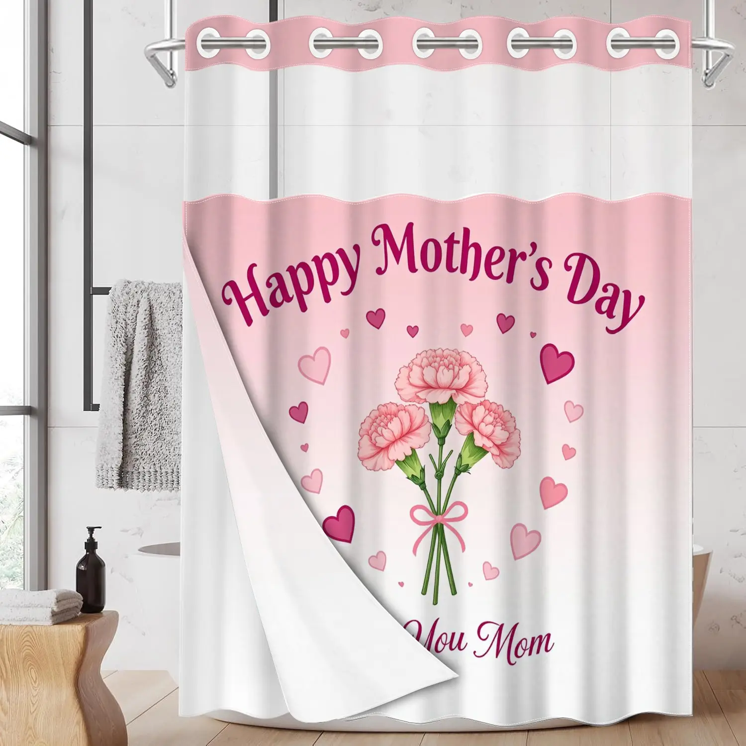 1pc 2D Flat Printing hookless shower curtain, Bathroom Curtain, Mother's Day Carnation Love Heart Image waterproof lining with transparent window, double-layer, 71 x 74 inches, home decoration, Bathroom Accessory