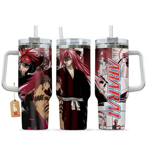 [Sip40 Otaku] Bleach Renji Abarai 40oz Stainless Steel Tumbler With Handle, Soul Society Shinigami Anime Cup, Zabimaru Bankai Drinkware, Insulated Travel Mug for Iced Coffee, Otaku Gift for Anime Lovers